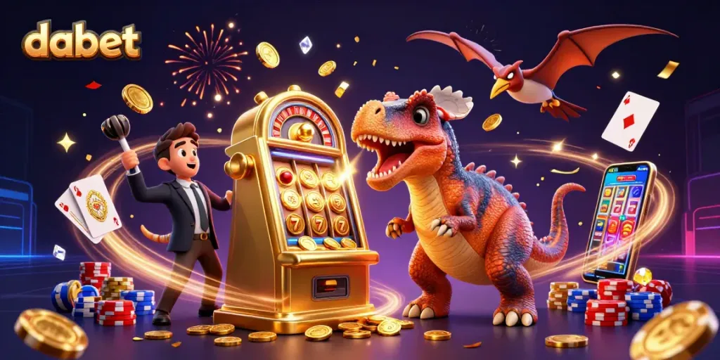 Dabet brings excitement as a pachycephalosaurus headbutts a slot machine, winning golden coins