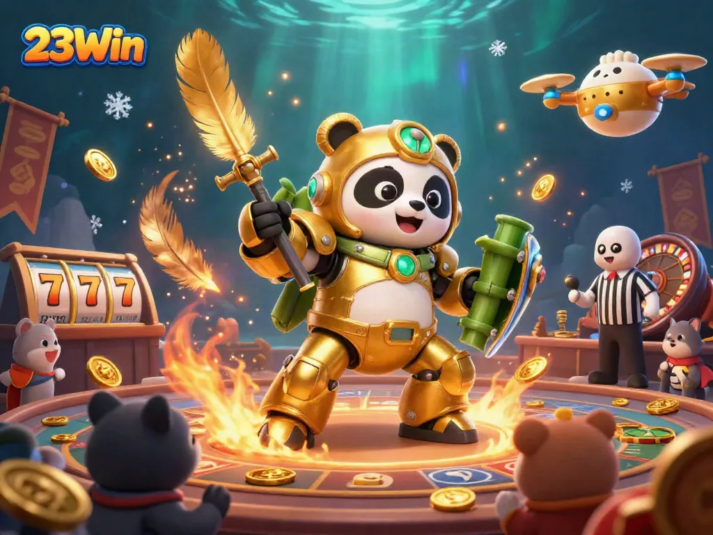 Experience thrilling bets and wins with 23Win in this vibrant 3D casino showdown illustration.