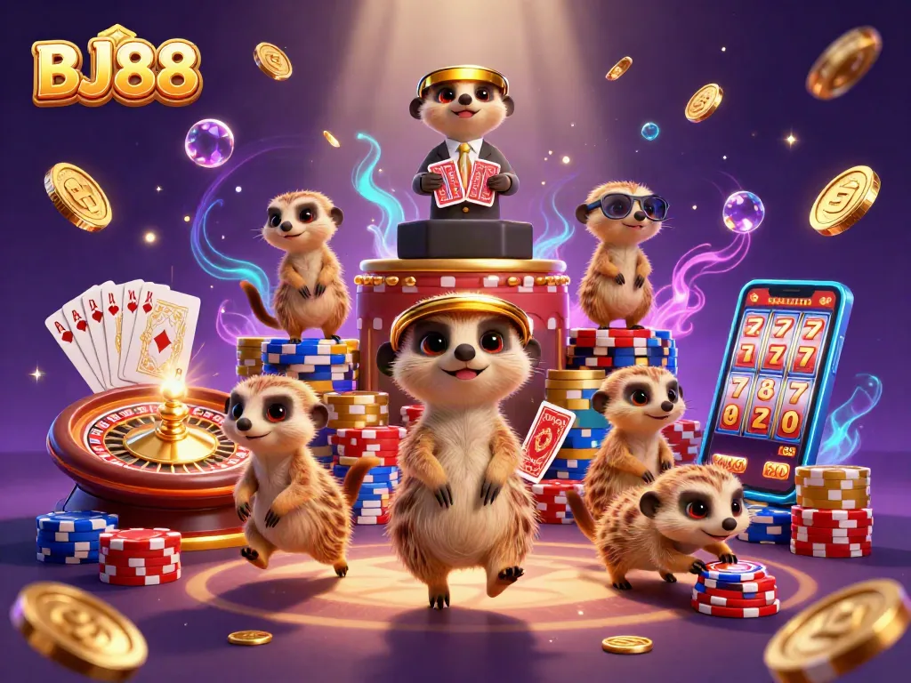 Experience excitement at BJ88 Casino with meerkats managing the game and hidden treasures.