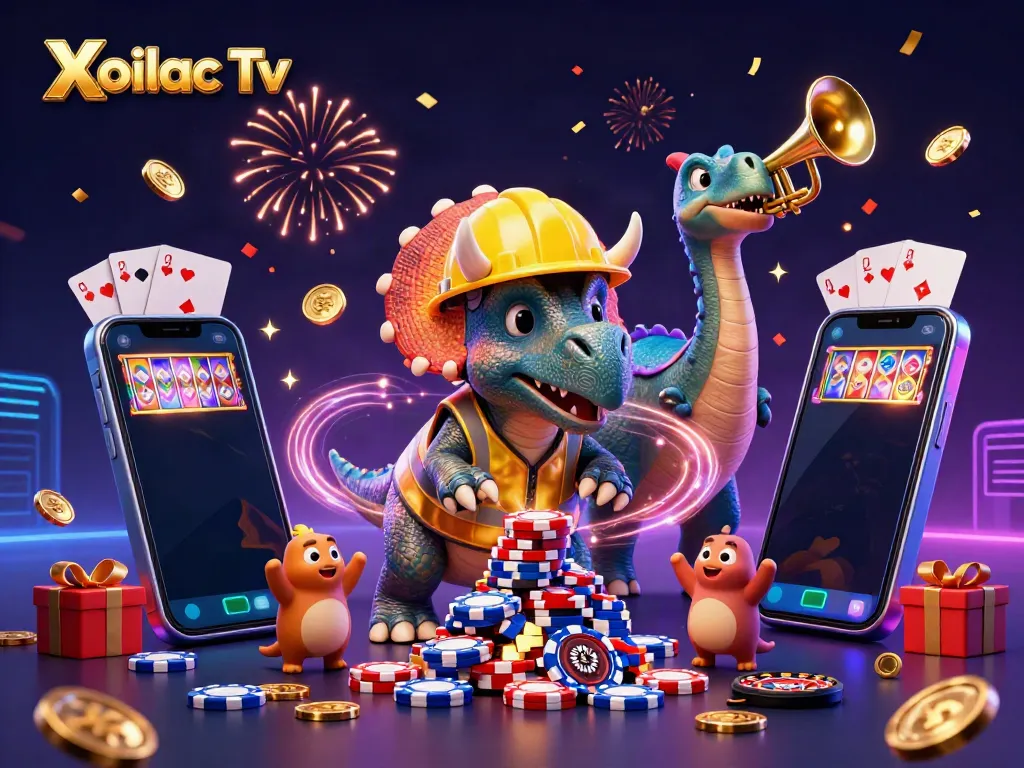 Xoilac Tv offers exciting live gambling action with colorful characters celebrating over poker chips.
