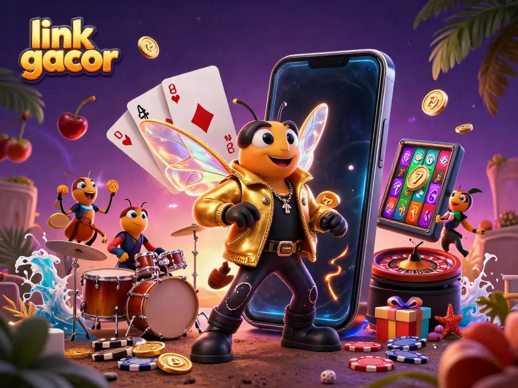 Engage with link gacor in a vibrant casino-themed scene featuring a rock star cicada and gaming elements.