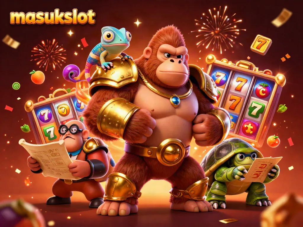 Masukslot tampilkan raja gorila bertempur dan ikon permainan slot berwarna yang mengesankan.