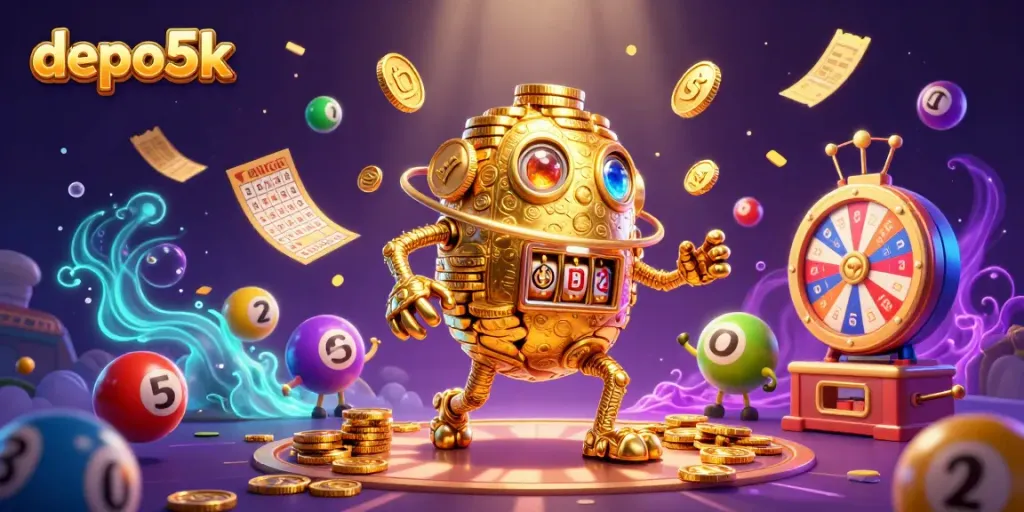 Engage with the dynamic world of depo5k and its vibrant casino elements in an energetic 3D illustration.
