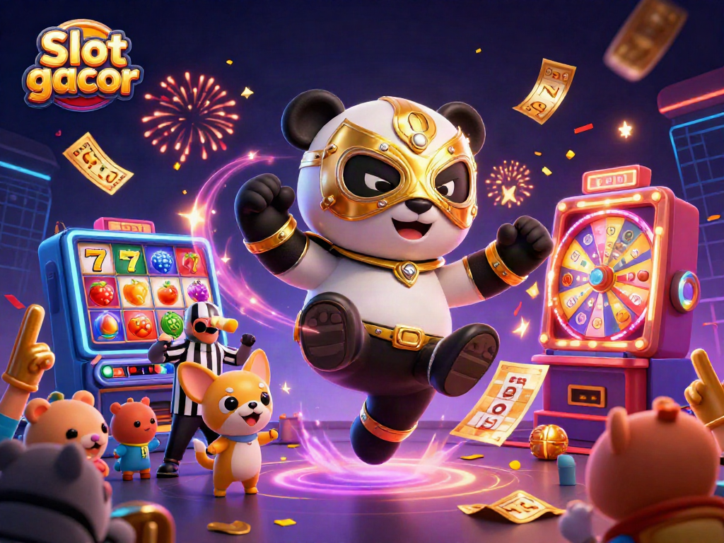 Slot gacor dengan panda pegulat melakukan tendangan terbang dikelilingi simbol permainan lotere dan slot.