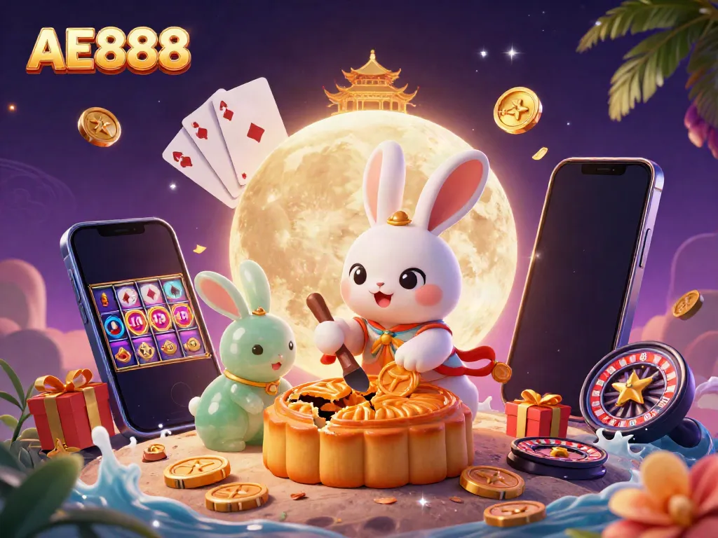 Experience gaming excitement with AE888 featuring a moon rabbit and vibrant casino elements.