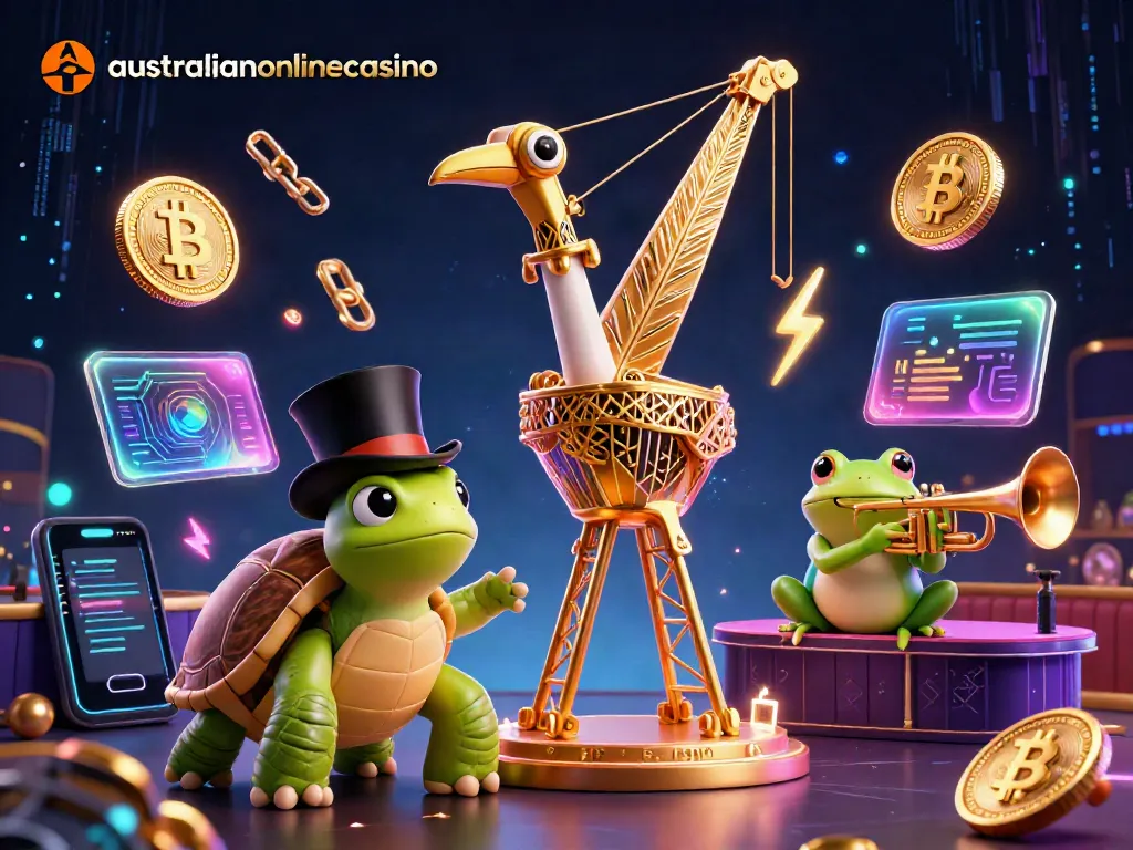 Experience the thrill of australianonlinecasino with vibrant 3D characters and crypto elements.