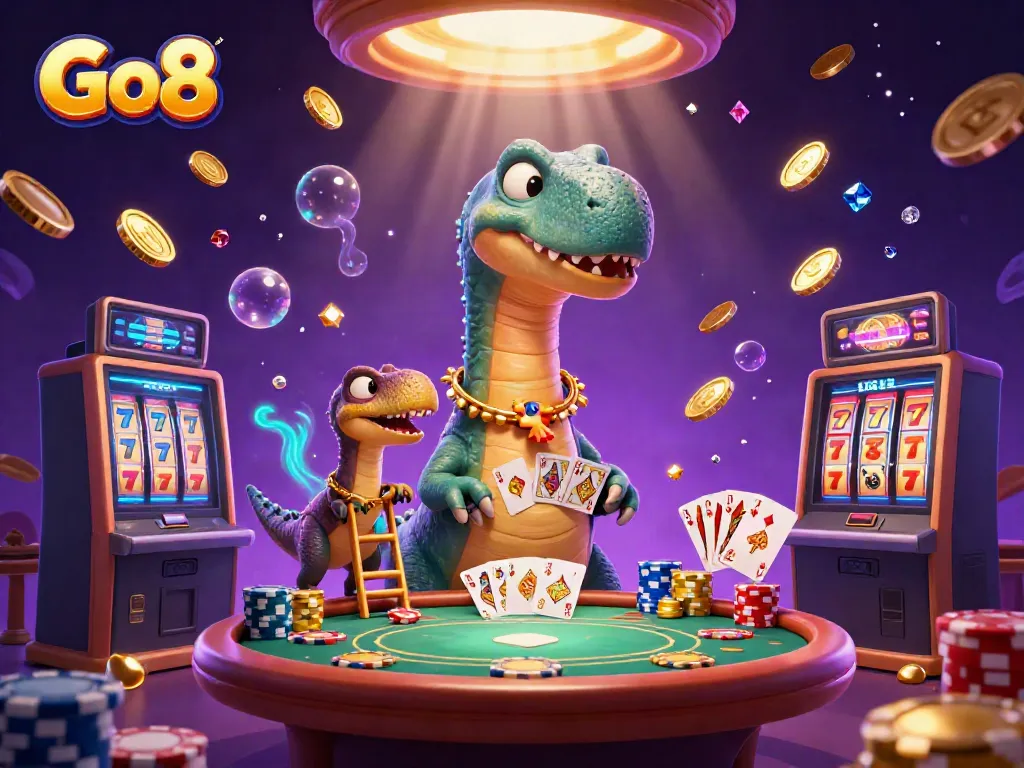 Engage with the Go8 casino scene featuring a brontosaurus and raptor amidst vibrant gaming elements.