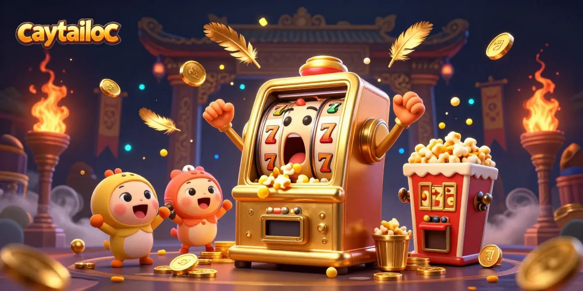 Caytailoc slot machine celebrates its jackpot, surrounded by festive elements and cheerful machines in a vibrant atmosphere.