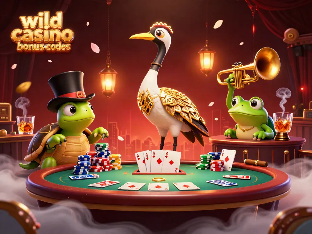 Experience wild casino bonus codes with 3D cartoon characters at a vibrant casino scene.