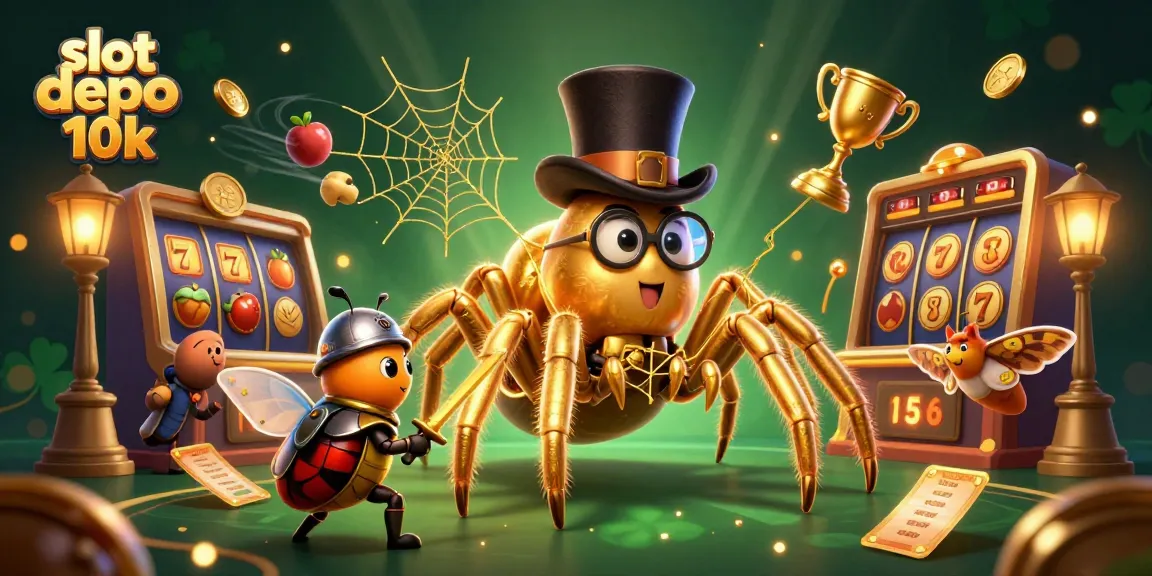 Slot depo 10k menampilkan tarantula emas raksasa di kasino, menarik perhatian pemain dengan jackpot.
