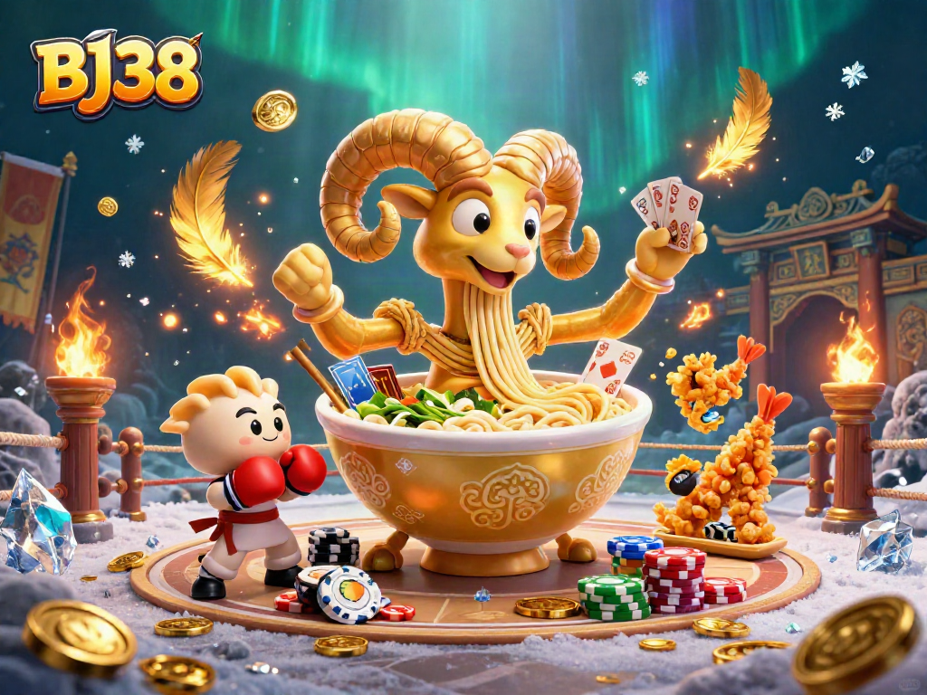 BJ38 showcases a dynamic casino scene with a giant ramen bowl character, vibrant elements, and rich details.