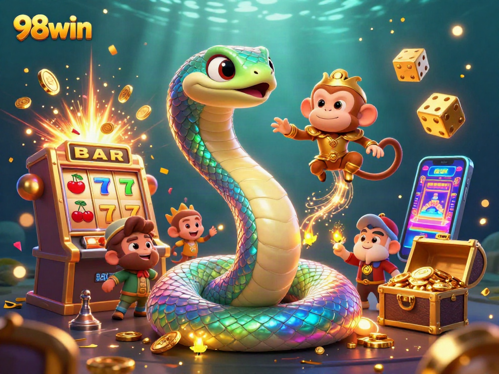 Experience the excitement of 98win with colorful slot machines and vibrant characters in a dynamic casino setting.
