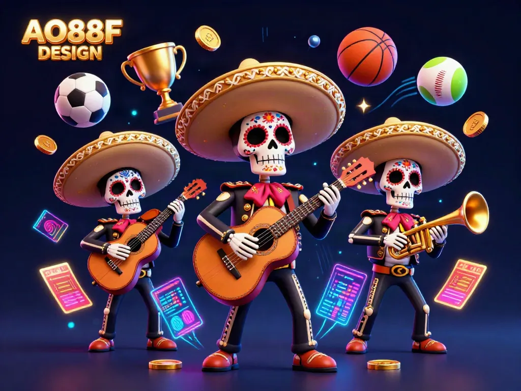 Experience thrilling online betting action with AO88F DESIGN's dynamic casino illustration showcasing vibrant sports and gaming elements.