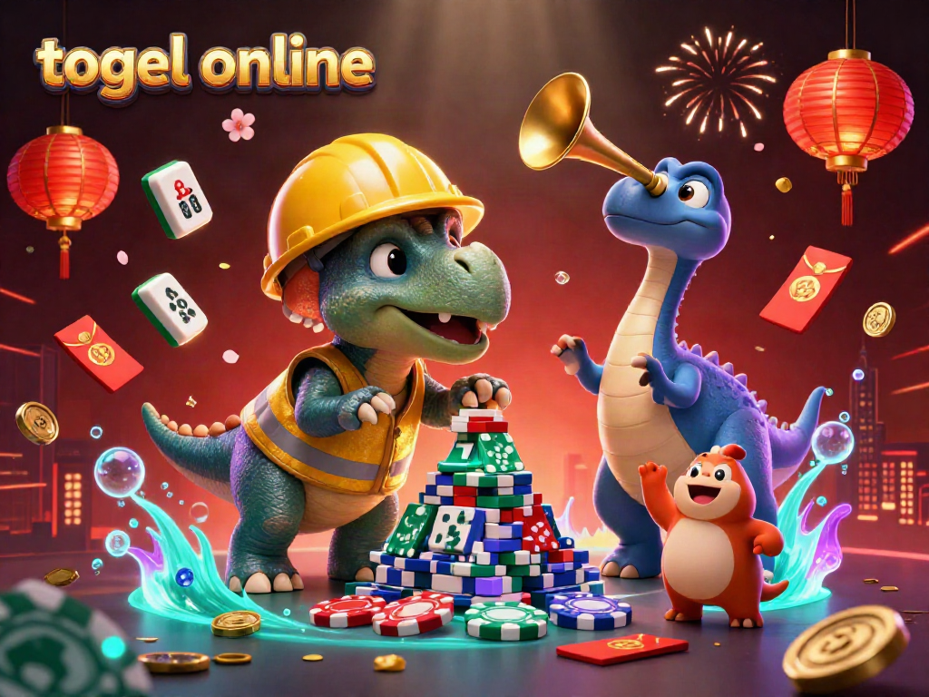 Engage with togel online as a T-rex builds poker chip pyramids among festive symbols.