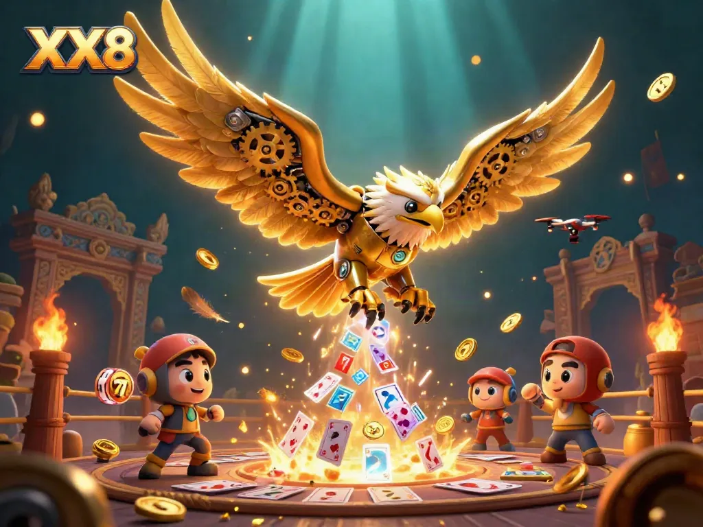 Experience thrilling gameplay with the XX8 eagle soaring through holographic playing cards in a vibrant casino scene.