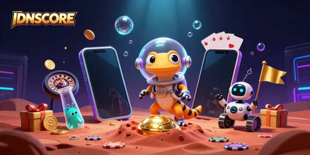 Engaging scene with IDNSCORE logo, Martian gecko discovering a casino, surrounded by dynamic gambling elements.