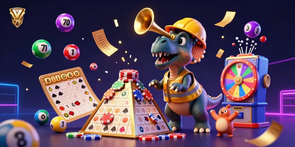 Experience exciting gameplay at v 79 with lively characters celebrating amidst colorful lottery balls and gaming elements.