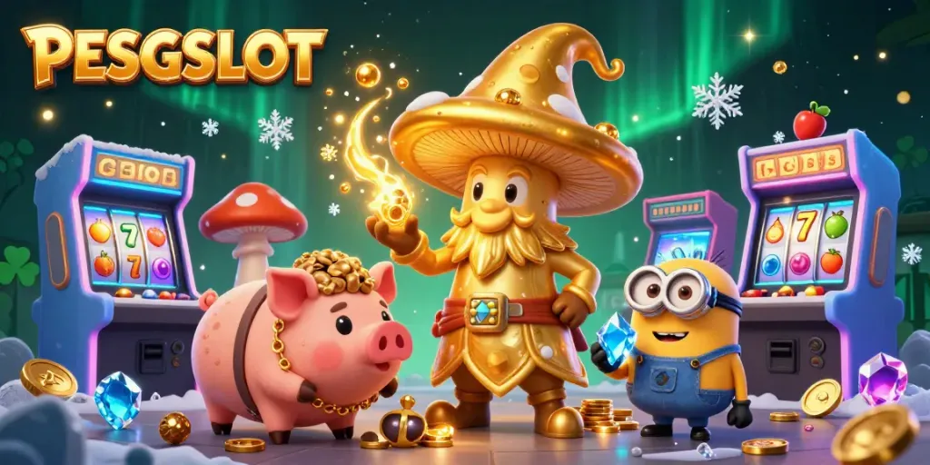Experience the magic of PESGSLOT with a golden mushroom wizard and treasure-seeking pig in a dazzling casino scene.