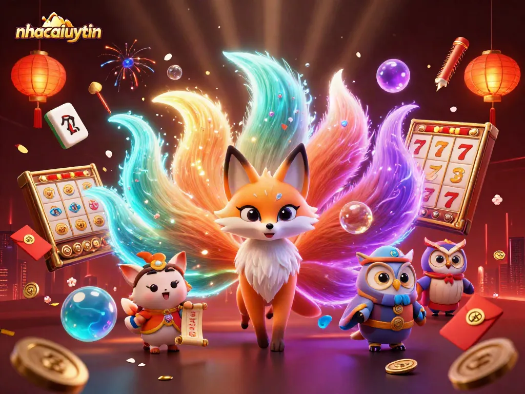 Immerse in nhacaiuytin, showcasing vibrant 3D casino arts with fox spirits, slots, and fireworks.