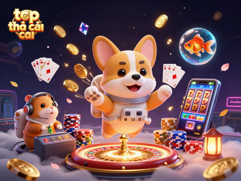 Engage with top nhà cái in a vibrant illustrated scene of cosmic casino excitement and floating winnings.