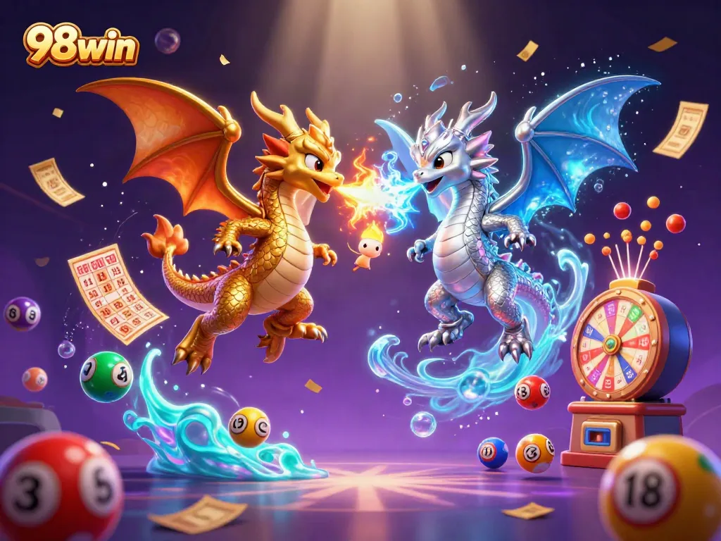 Experience excitement with 98win as dragons unleash fortune amidst vibrant casino elements.