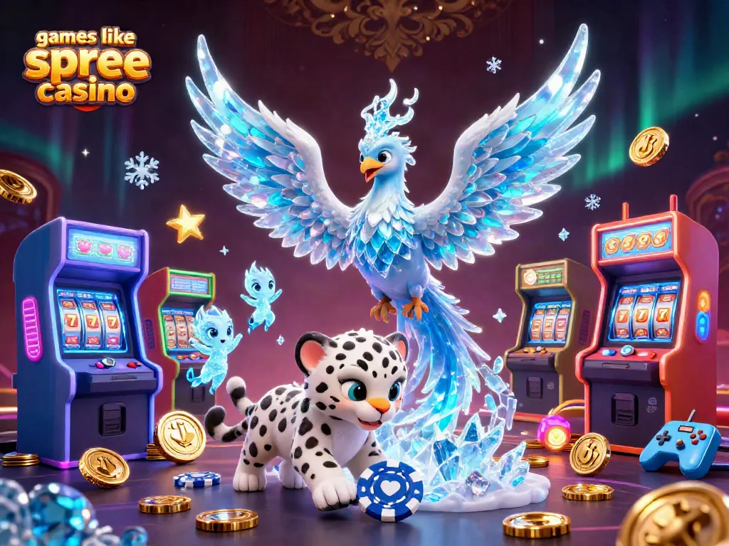 Engage with games like spree casino in a vibrant 3D cartoon casino illustration featuring colorful characters and slot elements.