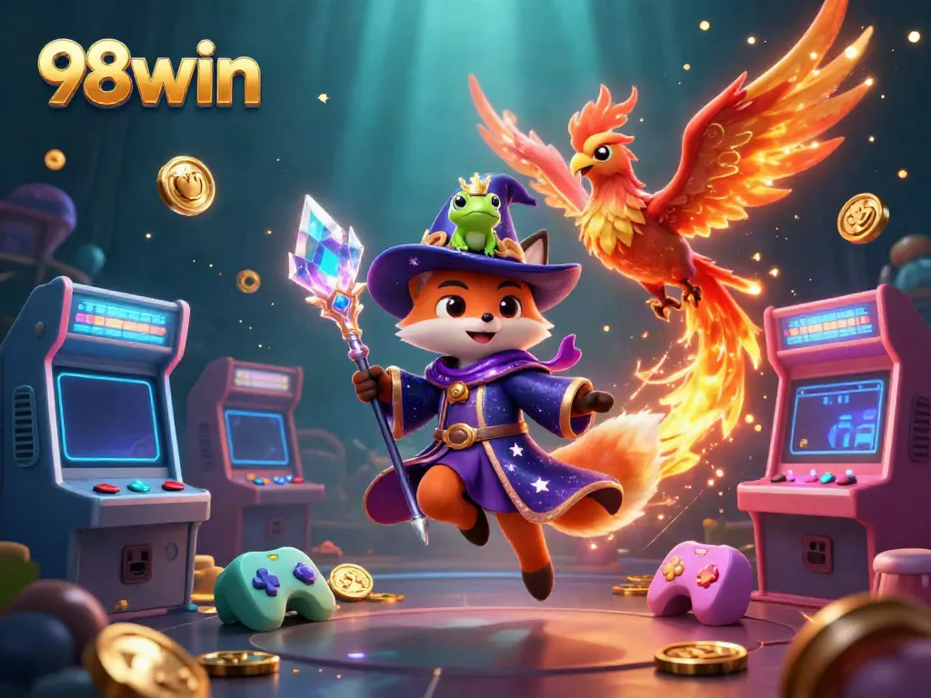 Experience the thrill of gaming at 98win with a mystical wizard fox and a fiery phoenix surrounded by vibrant casino elements.