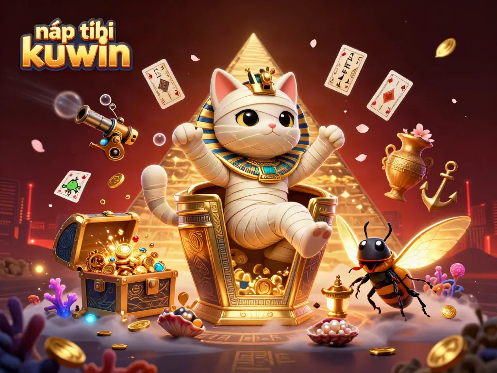 Engage with nạp tiền kuwin at the vibrant casino scene featuring a mummy cat and treasures.