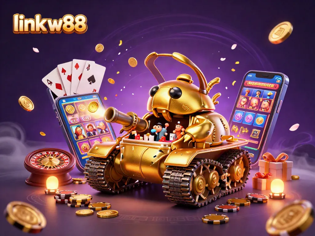 Experience the excitement of link w88 with a vibrant 3D casino illustration featuring games and gold.