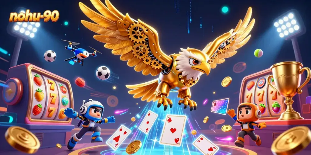 Experience thrilling gaming action at nohu-90 with a vibrant 3D illustration showing dynamic casino elements.