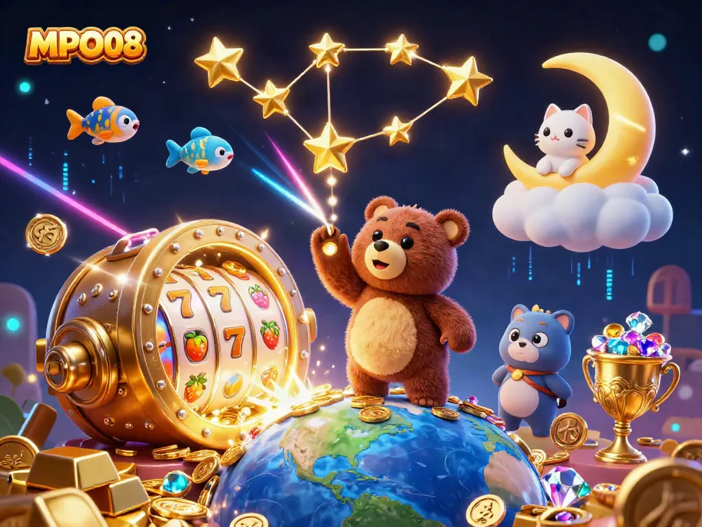 MPO08 pulls in wins with slot reels and a treasure vault, showcasing vibrant casino excitement.