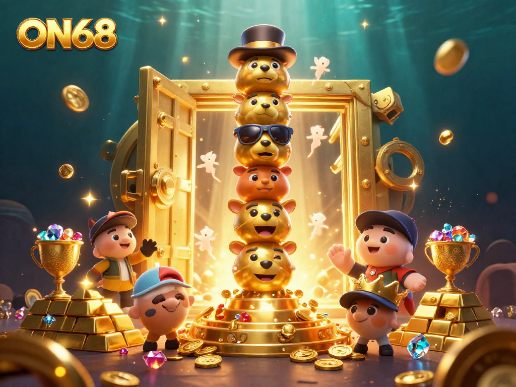 Engage with ON68's golden totem pole in a vibrant 3D casino illustration amid riches.