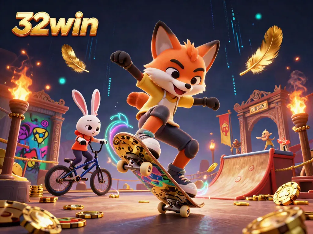 32win showcases an animated fox and rabbit in a vibrant casino-themed scene, demonstrating thrilling gaming action.