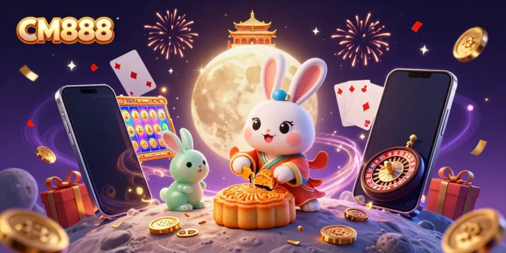 Engage with CM888's thrilling casino scene featuring vibrant poker chips, spinning slot reels, and festive characters.