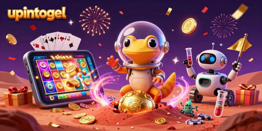 Jelajahi dunia upintogel dengan gecko Marikh dan kasino emas di latar belakang.