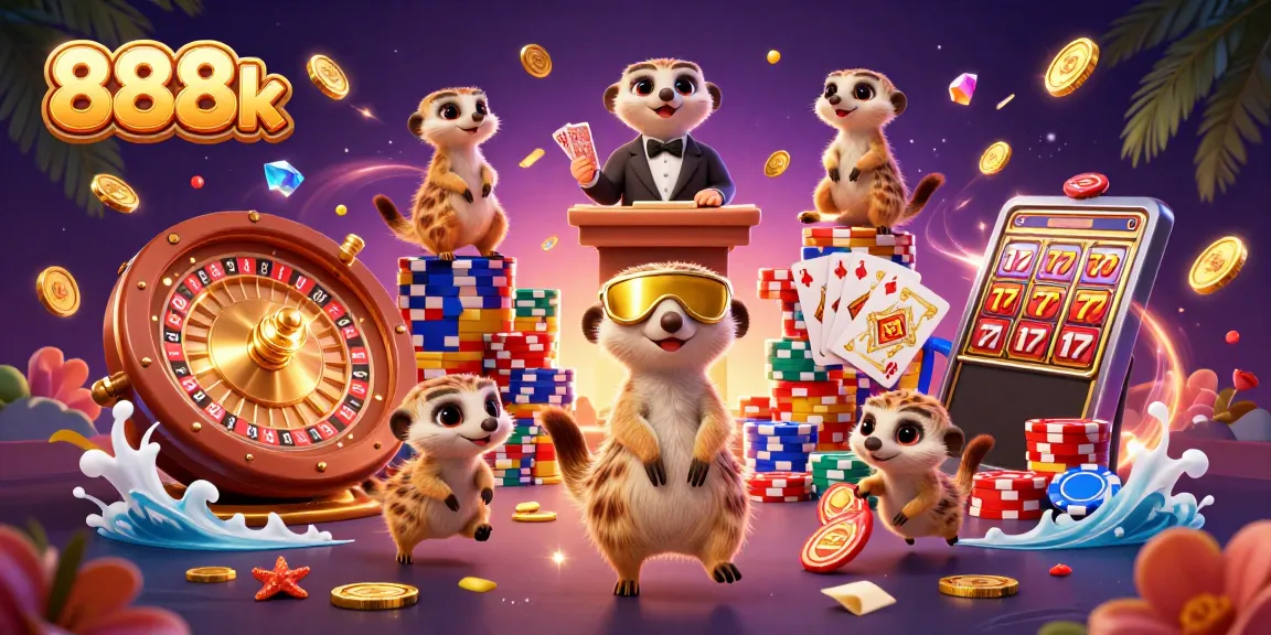 Engage in thrilling gambling with 888k's dynamic casino scene featuring meerkats in action.