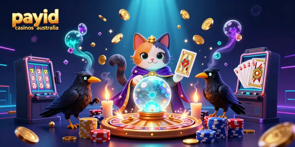Engage with the exciting world of payid casinos australia, featuring a mystical scene of fortune tellers, cards, and chips.