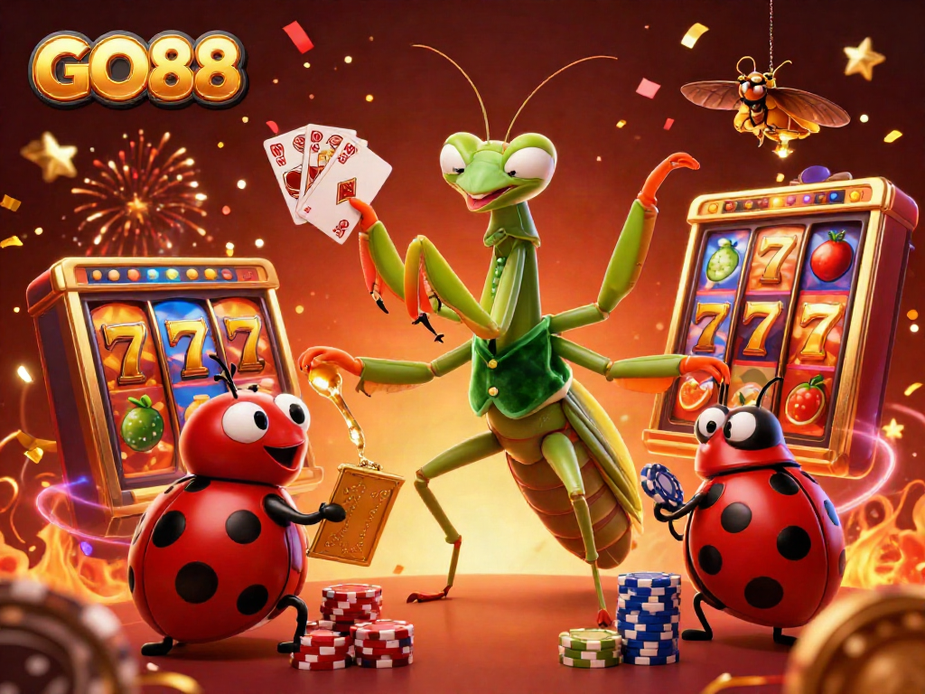 Experience the excitement of GO88 as the giant praying mantis dealer showcases a vivid slot machine scene with rich casino elements.