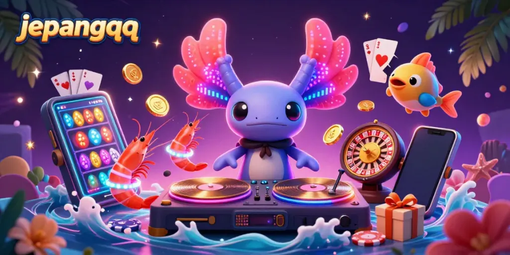 Merayakan permainan kartu di JepangQQ dengan DJ axolotl neon dan suasana menakjubkan.