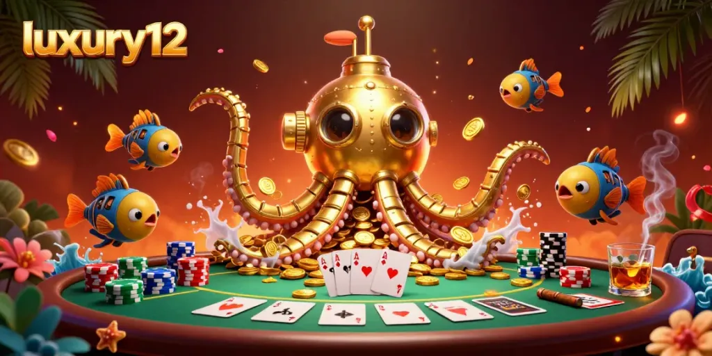 Experience luxury12's magical poker world with a golden kraken submarine surfacing through coins.