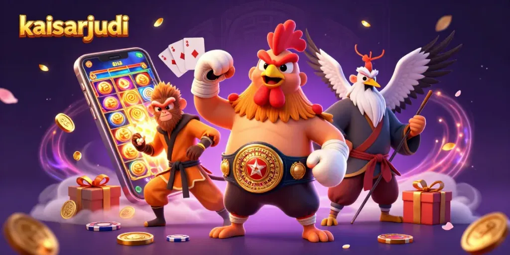 Kaisarjudi illustrates a lively scene with characters engaged in exciting gambling activities, surrounded by vibrant game elements.