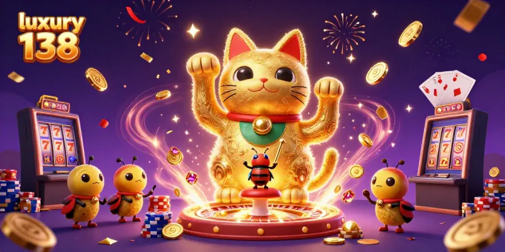 Experience the excitement of luxury 138 with a vibrant casino scene featuring lucky symbols and golden coins.