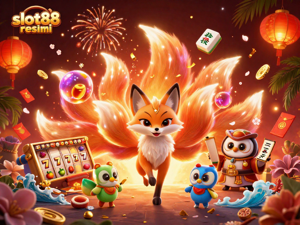 Experience thrilling wins with slot88 resmi in this captivating casino scene featuring a colorful nine-tailed fox.