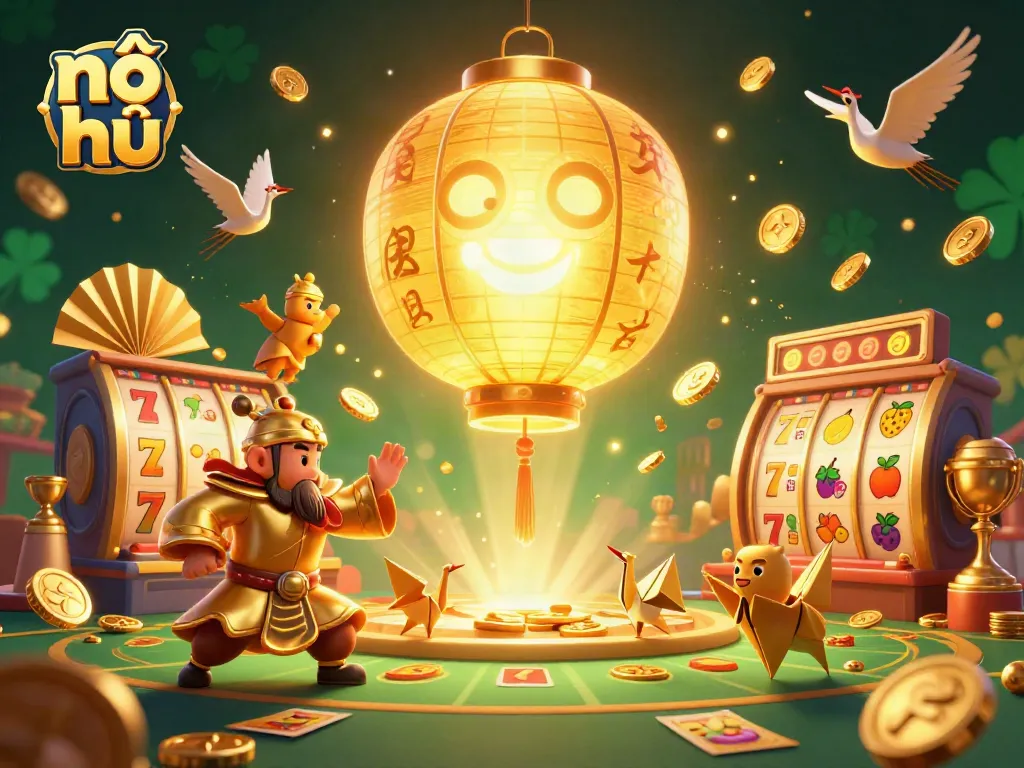 Nổ hũ jackpot celebration with glowing lantern spirit and dynamic casino elements.