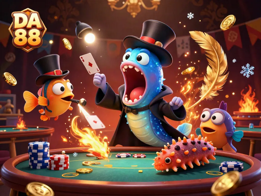 Experience the thrill of DA 88 with a 3D cartoon scene featuring a magical poker performance.