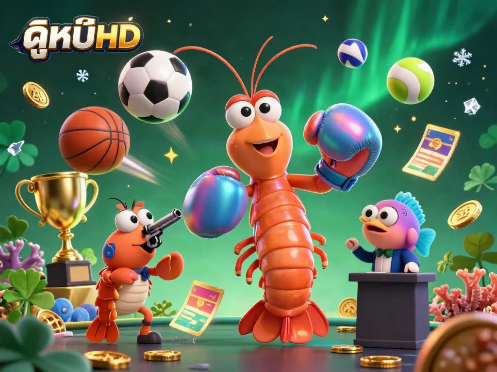 Engaging 3D scene showcasing the vibrant characters of ดูหนังHD, featuring mantis and pistol shrimp, immersed in casino-themed elements.