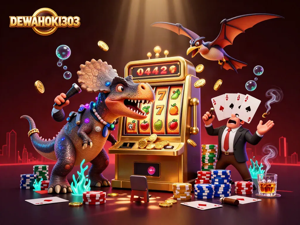 DEWAHOKI303 menangkan jackpot slot dengan ilustrasi dramatis pachycephalosaurus dan karakter kasino lainnya.