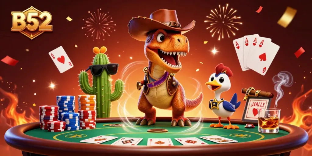 Engage with the vibrant B52 casino scene, where a cowboy T-Rex and friends celebrate around a poker table.