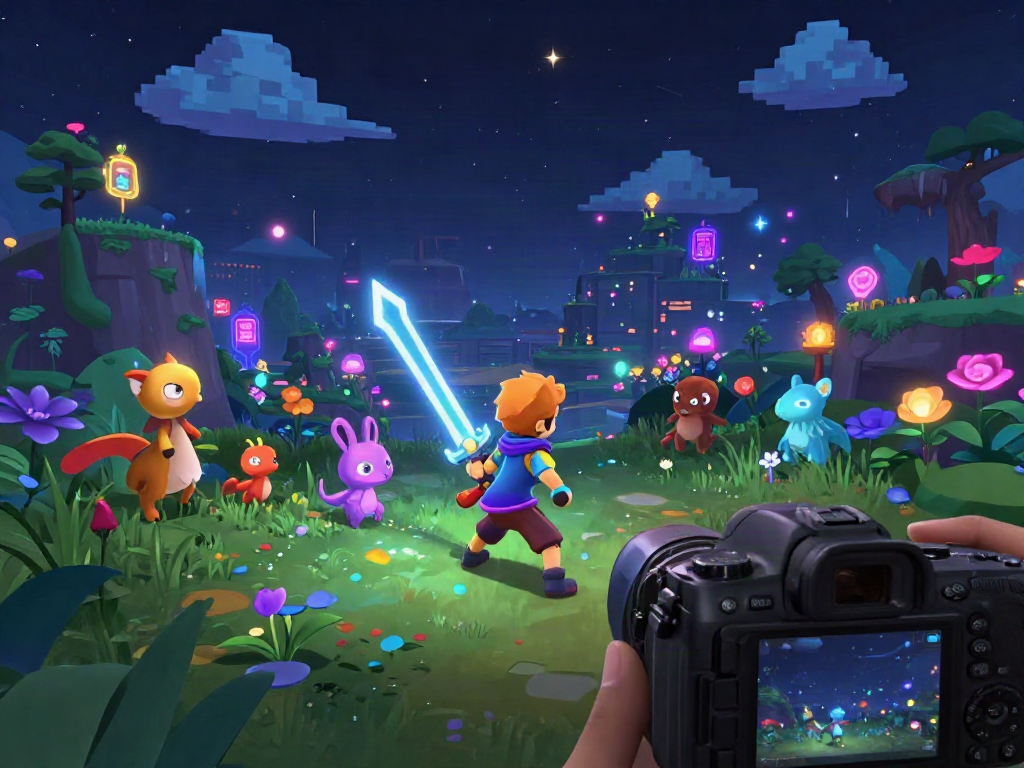 Avatar character wielding a glowing sword in an engaging porn game landscape, surrounded by magical creatures and vibrant neon colors.