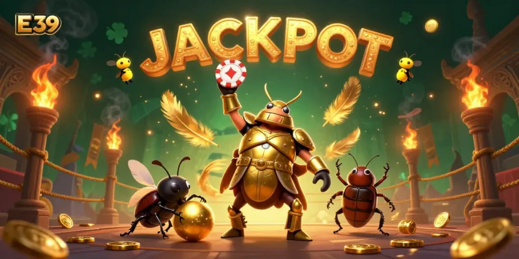 Experience the thrill of E 39 with a vibrant illustration of heroic beetles celebrating a jackpot.